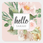 Moderne Aquarell-Blume & Hallo & Name Quadratischer Aufkleber (Vorderseite)