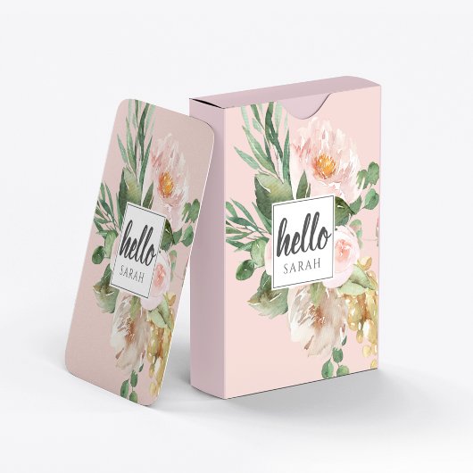 Moderne Aquarell-Blume & Hallo & Name Spielkarten