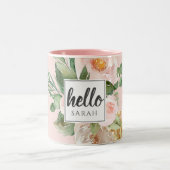 Moderne Aquarell-Blume & Hallo & Name Zweifarbige Tasse (Mittel)