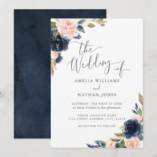 Moderne Aquarell-Blumen-Hochzeit in Navy-Blush Einladung