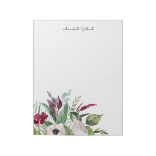 Moderne Aquarell-Burgunder-Rosé-Blumen-Grün Notizblock