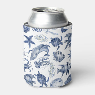 Moderne Aquarell-Hochzeit Blau Strand Küste Dosenkühler