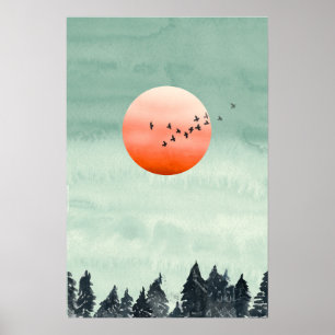 Moderne Aquarell-Landschaft Sonnenuntergang Vögel  Poster