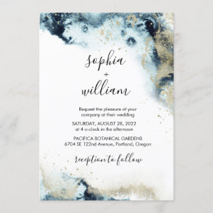 Moderne Aquarell Navy Blau & Gold Hochzeit Einladung