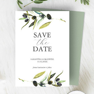 Moderne Aquarell-Olivenzweig-Hochzeitseinladung zu Save The Date