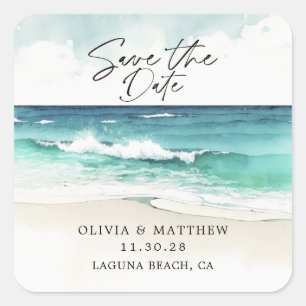 Moderne Aquarell-Ozean-Strand Save-the-Date Quadratischer Aufkleber