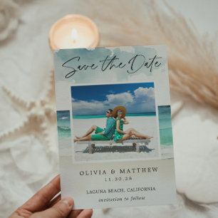 Moderne Aquarell-Ozeanstrand Zwei Fotos  Save The Date