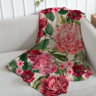 Moderne Aquarell-Rosa-Blumen-Botanik-Grün Fleecedecke