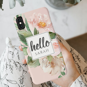 Moderne Aquarell-Rosa-Blumen & Hallo & Name Case-Mate iPhone Hülle