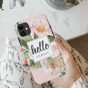 Moderne Aquarell-Rosa-Blumen & Hallo & Name Case-Mate iPhone Hülle