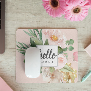 Moderne Aquarell-Rosa-Blumen & Hallo & Name Mousepad