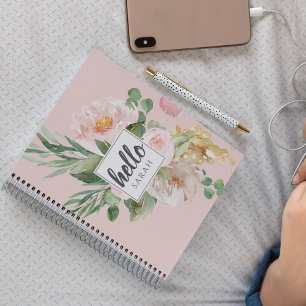 Moderne Aquarell-Rosa-Blumen & Hallo & Name Notizblock