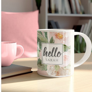 Moderne Aquarell-Rosa-Blumen & Hallo & Name Zweifarbige Tasse