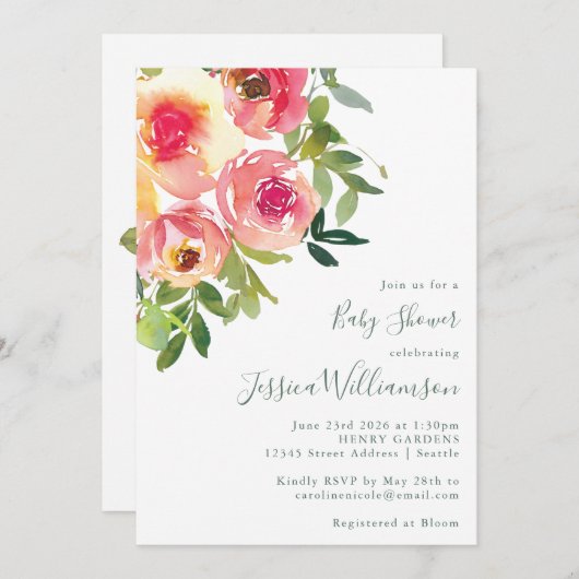 Moderne Aquarell Rosa Blumendusche Einladung (Vorne/Hinten)