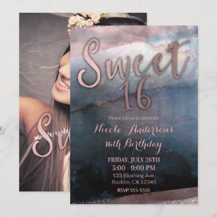 Moderne Aquarell-Roségold- und Blaue Sweet 16-Foto Einladung