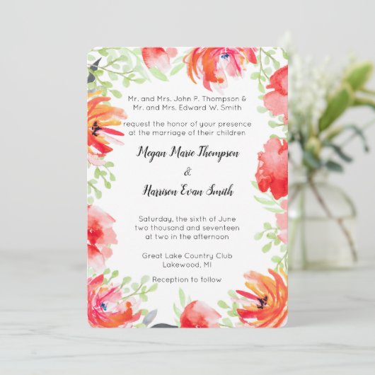 Moderne Aquarell Rote Blume Einladung Hochzeit (Stehend Vorderseite)