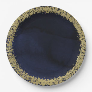Moderne Aquarell-Stimmung in Marineblau und Gold z Pappteller