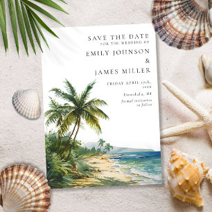 Moderne Aquarell-Tropenpalmen-Strandhochzeit Save The Date