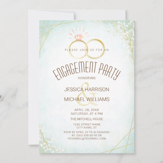 Moderne Aquarell-Verlobung Rings Aquamarin Geometr Einladung (Vorderseite)