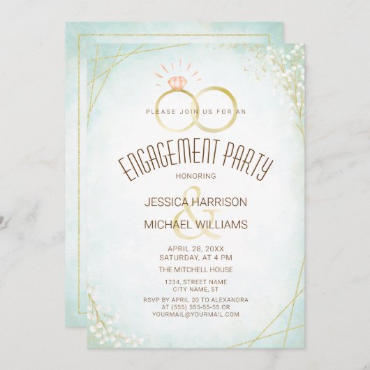 Moderne Aquarell-Verlobung Rings Aquamarin Geometr Einladung (Vorne/Hinten)