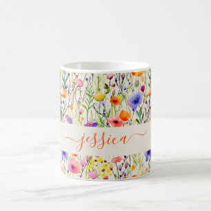 Moderne Aquarell-Wildblumen-Muster-Schriftname Kaffeetasse
