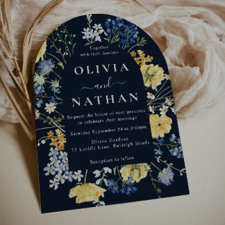 Moderne Aquarell-Wildblumen Tiefe Navy-Hochzeit Einladung