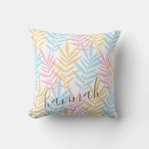 Moderne Aquarellblaue rosa gelbe Palmenblätter Kissen