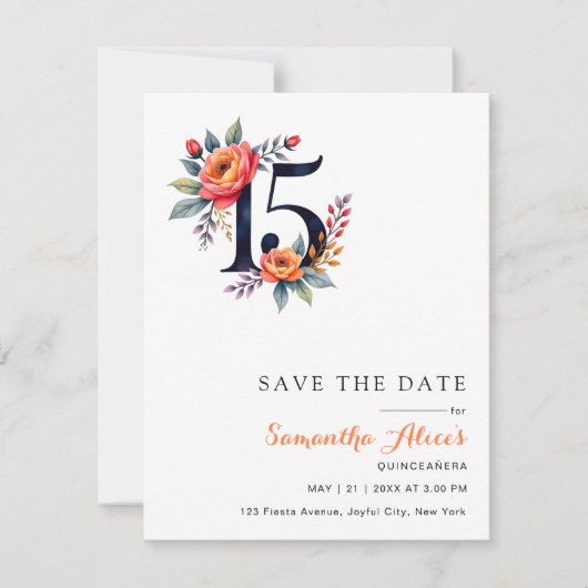 Moderne Aquarellblume Nr. 15 Quinceanera Save The Date (Vorderseite)