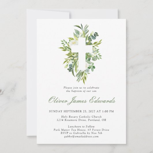 Moderne Aquarellblumen-Cross-Sage Grüne Taufe Einladung (Vorderseite)