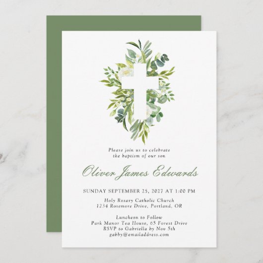 Moderne Aquarellblumen-Cross-Sage Grüne Taufe Einladung (Vorne/Hinten)