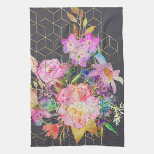 Moderne Aquarellblumen und goldene geometrische W Geschirrtuch