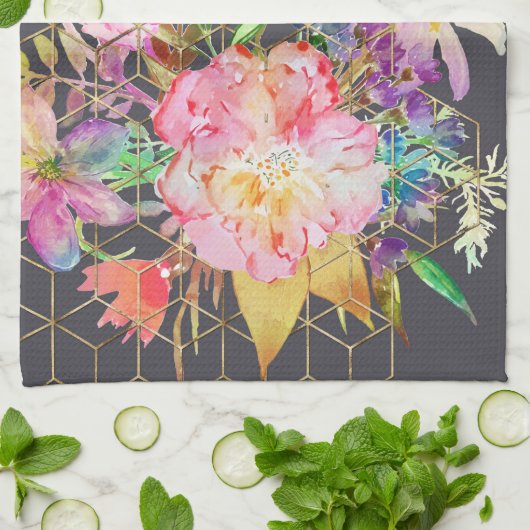 Moderne Aquarellblumen und goldene geometrische Wü Geschirrtuch (Gefaltet)