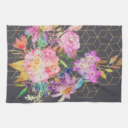 Moderne Aquarellblumen und goldene geometrische Wü Geschirrtuch (Horizontal)