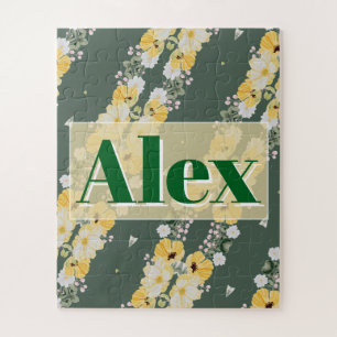Moderne Aquarellblumen und grüner Hintergrund Puzzle
