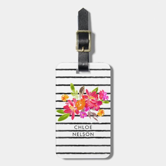Moderne Aquarellblumen und Streifen Personalisiert Gepäckanhänger (Vorderseite vertikal)