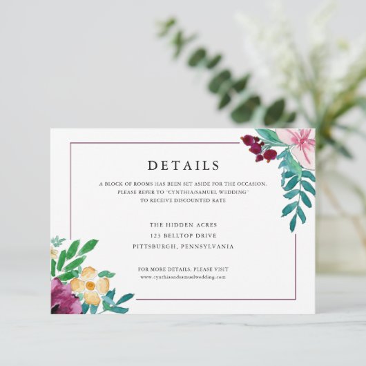 Moderne Aquarellblüten - Hochzeitsdetails Begleitkarte (Stehend Vorderseite)