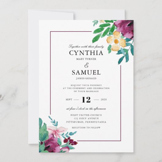 Moderne Aquarellblütenhochzeiten Einladung (Vorderseite)