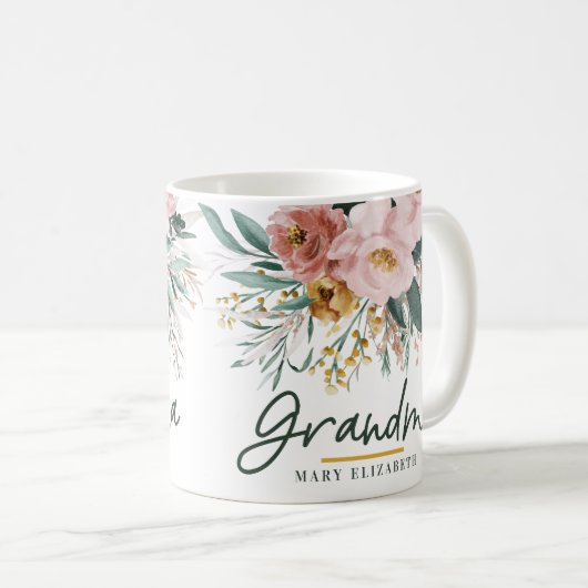 Moderne Aquarellblütenschrift elegante Oma Kaffeetasse (VorderseiteRechts)