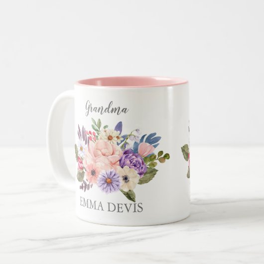Moderne Aquarellblütenschrift elegante Oma Zweifarbige Tasse (Vorderseite Links)