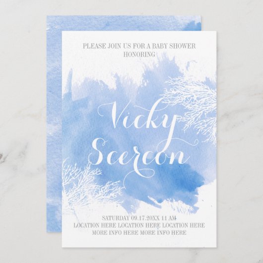 Moderne Aquarellbrasse blaue Babydusche Einladung (Vorne/Hinten)