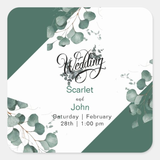 Moderne Aquarellbrunnen-Eukalyptus-Hochzeit Quadratischer Aufkleber (Vorderseite)