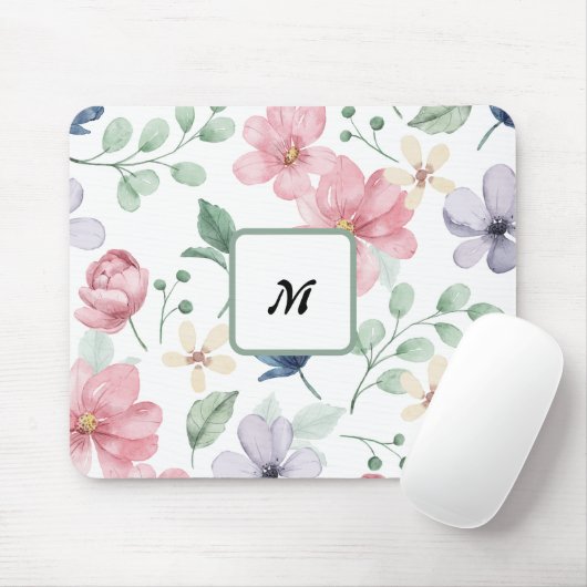 Moderne Aquarelle Rosa Blume Mit Monogramm Mouse Mousepad (Mit Mouse)