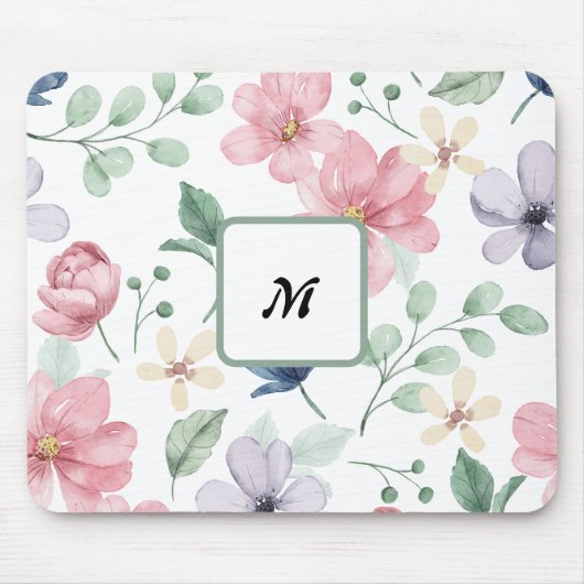 Moderne Aquarelle Rosa Blume Mit Monogramm Mouse Mousepad (Vorne)