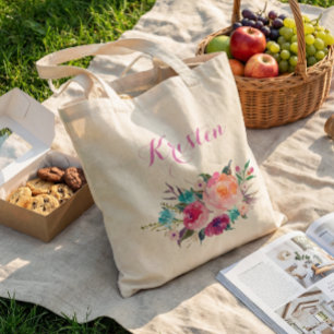 Moderne Aquarellfarbe Lila Rosa Blumenüberdacht Tragetasche