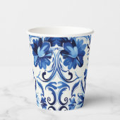 Moderne Aquarellfarbe mediterrane blaue Fliesen Pappbecher (Rückseite)