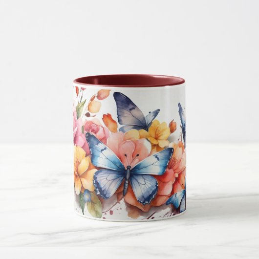 Moderne Aquarellfarbe Niedlich Butterfly Blume Tas Tasse (Zentrum)