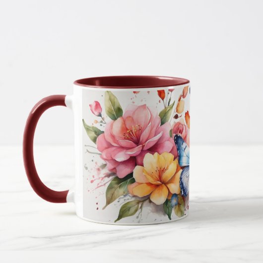 Moderne Aquarellfarbe Niedlich Butterfly Blume Tas Tasse (Links)