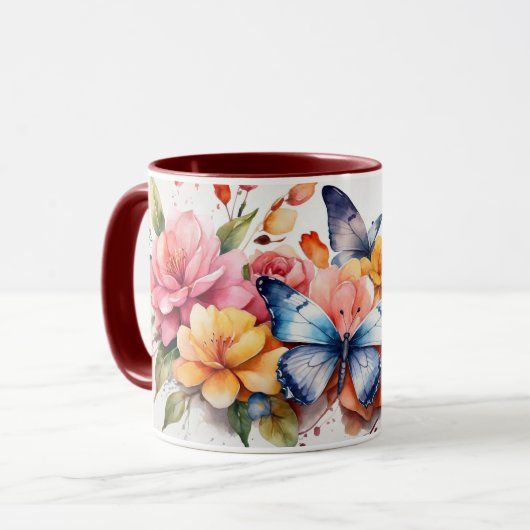 Moderne Aquarellfarbe Niedlich Butterfly Blume Tas Tasse (Vorderseite Links)