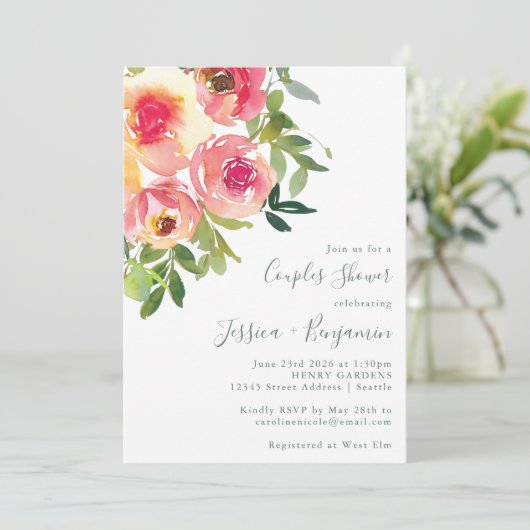 Moderne Aquarellfarbe Rosa Blütendusche Einladung (Stehend Vorderseite)