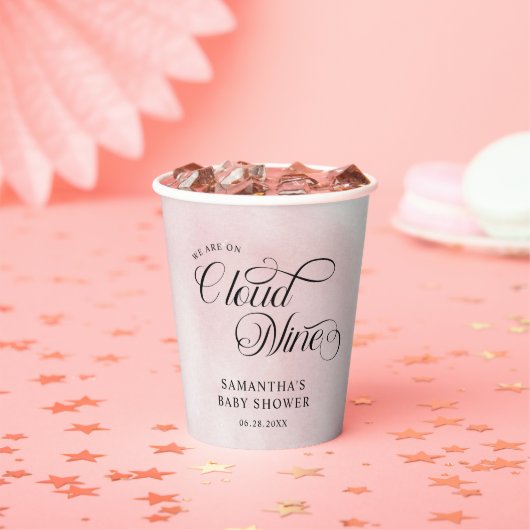 Moderne Aquarellfarbe Rosa Cloud Nine Baby Dusche Pappbecher (Insitu)